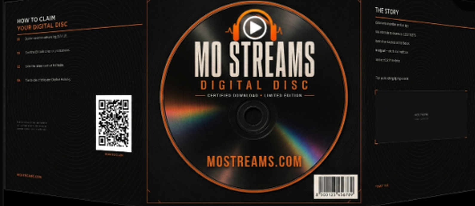 MO STREAMS Digital DISC tri-fold booklet showing the disc cover, claim QR code and story panel
