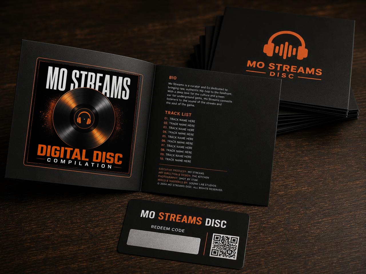 An open MO STREAMS DISC digital booklet showing the cover, artist bio and track list