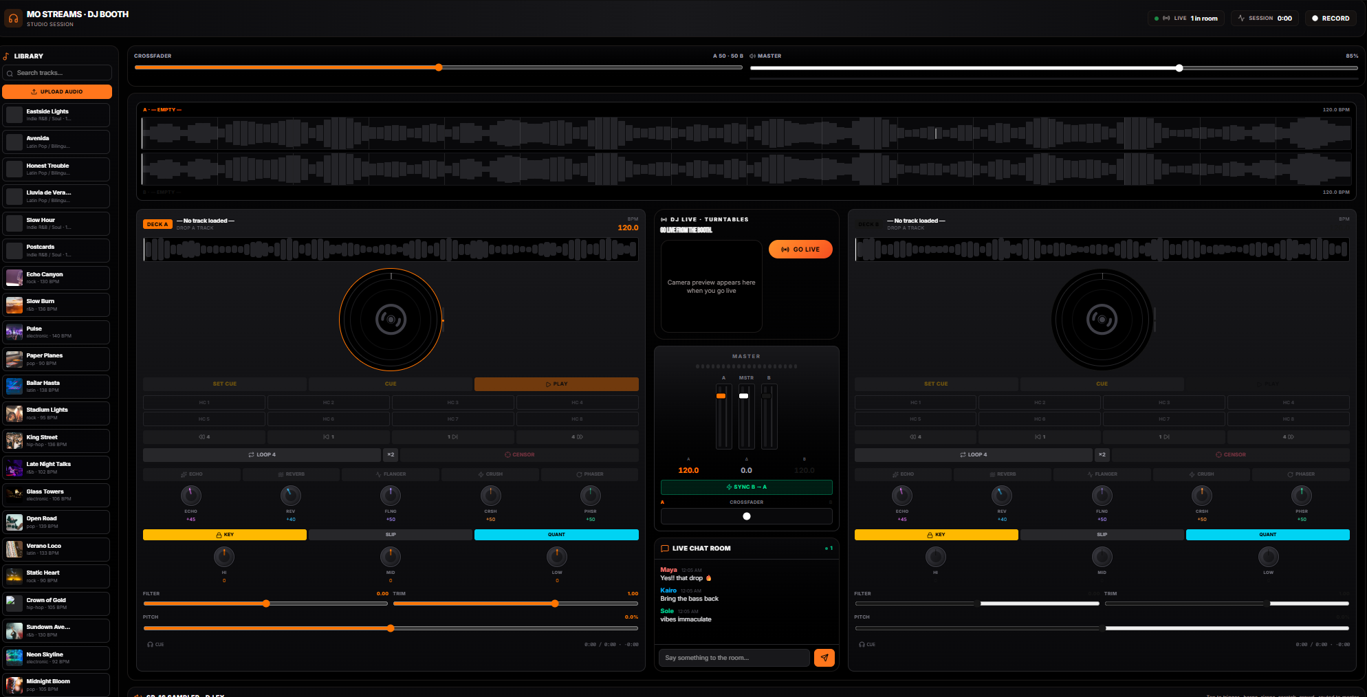 MO STREAMS DJ turntables — dual deck mixer with waveforms
